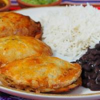 Large Empanada Combo · Choose any three empanadas and two sauces, served with black beans and white rice.