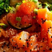Salmon Poke Bowl · Sushi-grade Salmon on Sushi Rice with Avocado, Edamame, Krab meat, Seaweed Salad, Masago (fi...