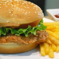 Crispy Chicken Burger And Fries · BREADED CHICKEN BREAST PATTY WITH LETTUCE, TOMATOE, KETCHUP AND ONIONS AND SERVED WITH FRIES