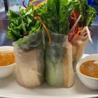 Garden Roll Tofu · Tofu, Green Leaves, Cucumbe, Basil, Carrot, Red Cabbage in Rice Paper Wrappers served with P...