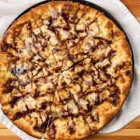 Bbq Chicken Pizza · Tomato and barbeque sauce, mozzarella cheese, grilled chicken, red onions and topped with fr...