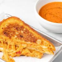 Grilled Cheese & Tomato Soup · (v) Grilled Cheese and Tomato Soup -  Cheddar, Provolone and Pimento Cheese on Griddled Sour...