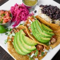 Street Tacos · Chili seasoned organic jackfruit ‘carnitas’, onion, cilantro, cabbage, pico de
gallo (contai...