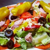 Greek Salad · Romaine lettuce, tomato, feta cheese, bell peppers, cucumber, Kalamata olive, onion and bals...