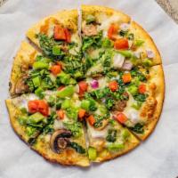 Healthy Pizza · Gluten Free Crust, Pesto, Mozzarella, Mushrooms, Tomatoes, Green Bell Peppers, Red Onions an...