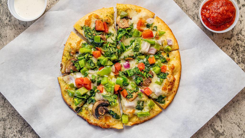 Healthy Pizza · Gluten Free Crust, Pesto, Mozzarella, Mushrooms, Tomatoes, Green Bell Peppers, Red Onions and Spinach