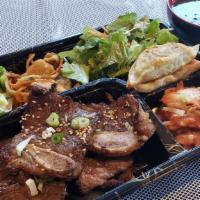 Short Rib Box (갈비 구이 박스) · Short beef rib, salad, rice, soup, gyoza, side dish