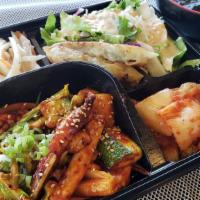 Spicy Calamari Box (오징어 볶음 박스) · Spicy Calamari, salad, rice, gyoza, side dish