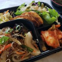 Jap Chae Noodle Box (잡채 박스) · Jap Chae (Potato) Noodle, salad, rice, soup, gyoza, side dish