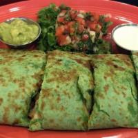 Chicken Spinach Quesadilla · Spinach tortilla filled with grilled chicken, caramelized onions, and spinach, served with a...