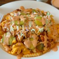 Sacville Hot Fries · Fries, chicken, nacho cheese, mac and cheese, pickles, coleslaw, Sacville secret sauce.
