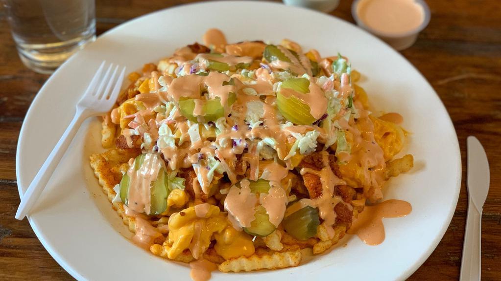 Sacville Hot Fries · Fries, chicken, nacho cheese, mac and cheese, pickles, coleslaw, Sacville secret sauce.