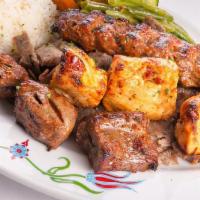 Combo Kabab Plate 3 Skewers · Your choice of three, grilled chicken kabab, beef kabab, lamb or beef kefta kabab, served wi...