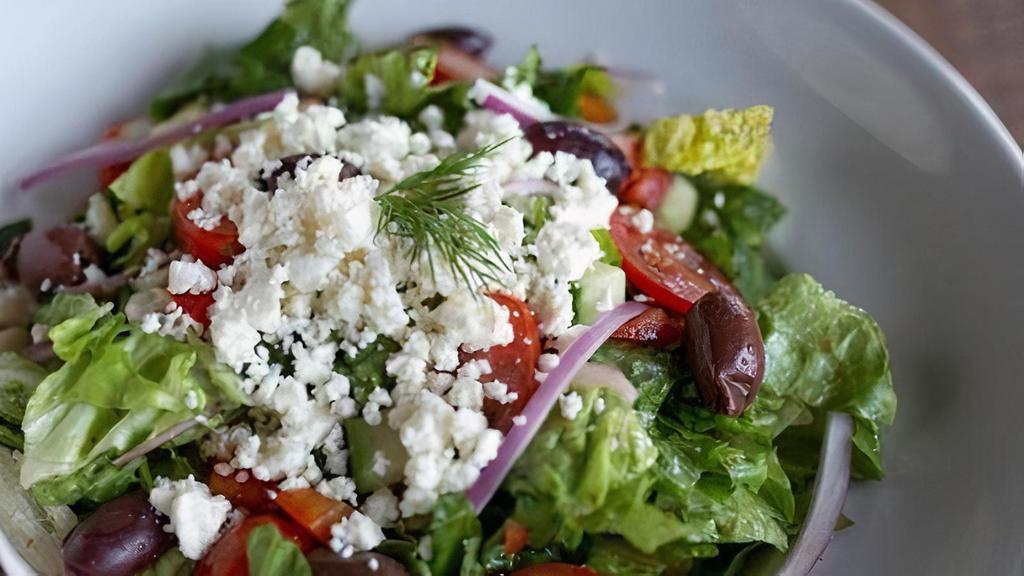 Greek Salad (Gf) (V) · Crisp romaine lettuce, cucumbers, red onion, cherry tomatoes, diced bell peppers, and kalamata olives topped with feta cheese and our housemade red wine vinaigrette. Gluten-Free.
