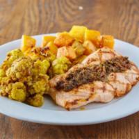 Sustainable Salmon Plate (Gf) · Sustainable Pacific Northwest salmon grilled and topped with sun dried tomatoes, capers and ...
