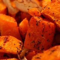 Roasted Squash (Gf) (Ve) · Butternut Squash tossed with shallots and thyme and roasted. Gluten-Free & Vegan.