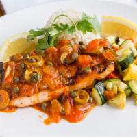 Salmon Veracruzano · Grilled natural salmon simmered in Veracruz sauce, olive oil, capers, tomatoes, onions, gree...