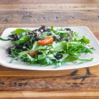 The Greek Salad · Mixed greens, onion, cucumber, olive, feta, oregano vinaigrette.