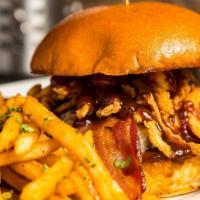 Bbq Burger · Bacon, mild white cheddar, house made BBQ sauce and onion straws.
