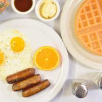 Waffle Combo · Our delicious waffle served with two eggs and your choice of four bacon or three sausage lin...