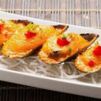 Baked Green Mussels · Baked green mussels. Served with unagi sauce and masago.