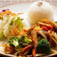 Chicken Yakisoba · Stir fried vegetables and noodles with chicken teriyaki