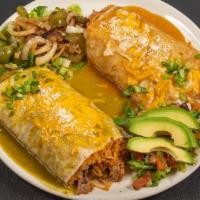 Los Compadres · Brothers from different mothers burrito half filled with chile Colorado and the other half w...