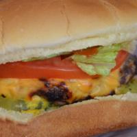 Bounty Burger · Burger cooked to perfection with cheese, lettuce, tomato, onion, pickles, mayo, mustard and ...