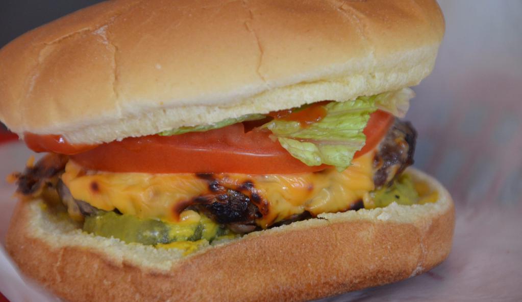 Bounty Burger · Burger cooked to perfection with cheese, lettuce, tomato, onion, pickles, mayo, mustard and ketchup.
