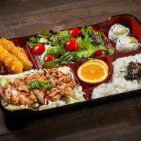 Teriyaki Chicken Bento · Charbroiled teriyaki chicken served with steamed white rice, 2 pieces of California roll, sh...