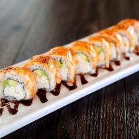 Baked Salmon Roll · IN: Imitation Crab, Avocado. OUT: Baked Salmon, Spicy Mayo, Eel Sauce