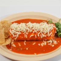 Burrito Mojado Regular · Wet burrito topped with cheese and red sauce non-spicy.