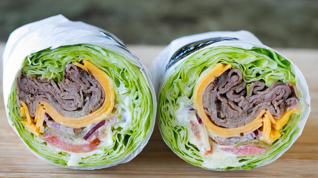 Roast Beef Lettuce Wrap · Premium Boar's Head Brand London Broil Roast Beef with Mayo, Mustard, Lettuce, Tomato, Pickles, Onions & Provolone Cheese (lettuce head size can vary.)