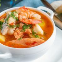 Fish Soup · Fresh caught white fish prepared with fresh veggies and served in a savory broth.
