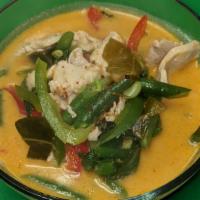 Panang Curry · Coconut cream, green bean, bell pepper, kaffir leave and basil leave.