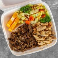 Chicken & Beef Plate · Serving with white rice and now steam vegetable available instead of salad.