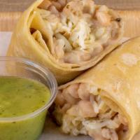 Bean & Cheese Burrito · Choice of organic white, black or pinto beans with mozzarella and onions & cilantro wrapped ...