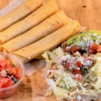 Chicken Taquitos · Four chicken taquitos hand-rolled in corn tortillas on a bed of organic white beans. Served ...