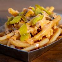 Dirty Fries · fries cheese, cheese sauce, grilled onions, 1000 dressing pickles