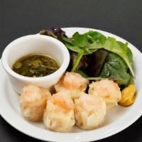 Shrimp Shumai · Steamed shrimp dumpling, pork fat, baby mix greens and vinegar sauce with green onion