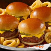 Burger Sliders · Grilled mini burgers topped with American cheese, mustard, and a pickle with curly fries. 13...