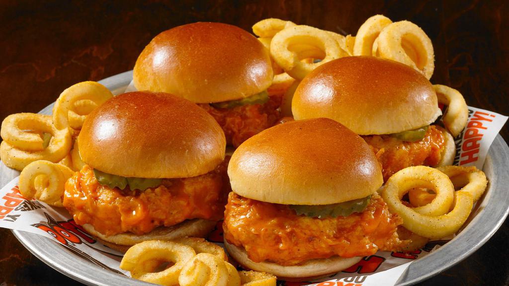 Buffalo Chicken Sliders · Buffalo chicken tossed with your choice of wing sauce, topped with pickles and curly fries. 1000 cal., sauce adds 0-380 cal.