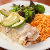 Burrito · Choice of meat, black beans, rice, avocado salsa, cheese, tomatoes, cilantro