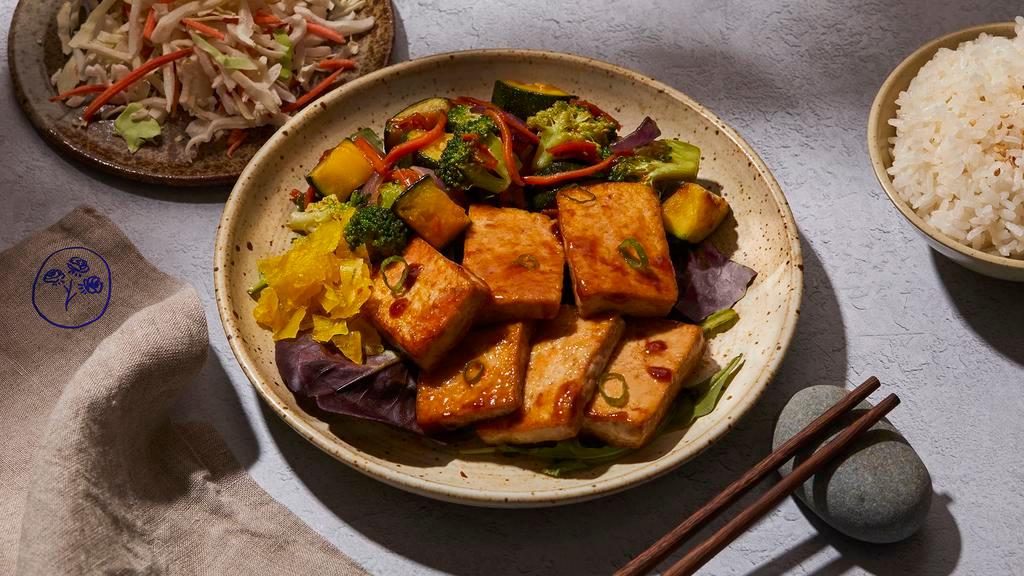 Tofu Veggie Plate · Tofu and mixed veggies with housemade teriyaki sauce, your choice of a base and house salad.