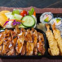 Chicken Bento Special · With rice, shrimp tempura (2 pcs.), gyoza (fried dumplings), California roll (4 pcs.), miso ...