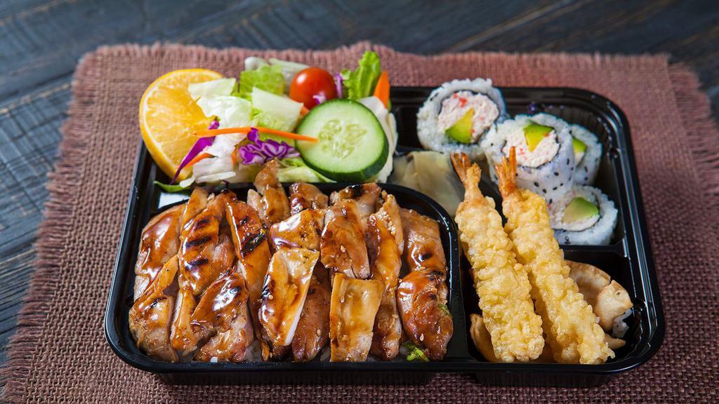 Chicken Bento Special · With rice, shrimp tempura (2 pcs.), gyoza (fried dumplings), California roll (4 pcs.), miso soup, and salad. (No substitutions)