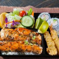 Salmon Bento Special · With rice, two pieces shrimp tempura, gyoza fried dumplings, four pieces California roll, mi...