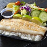Fish Fillet Teriyaki Plate · Includes rice, green onions, and salad.