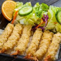 Shrimp Teriyaki Plate · 6 pieces of shrimp tempura with rice, green onions, and salad.