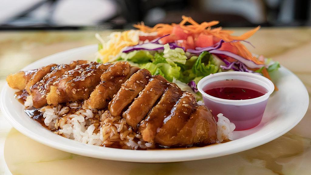 Sesame Chicken Dish · Baked and breaded chicken breast drizzled with our homemade teriyaki sauce over rice, & served with a side salad.